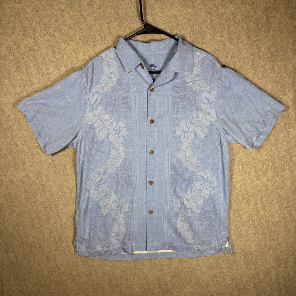 TOMMY‎ BAHAMA Men's Maui Border Silk Camp Shirt Buccaneer Blue Size Large